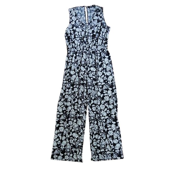 Mlle Gabrielle Jumpsuit Womens Plus Size 1X Black White Floral Sleeveless V Neck - Picture 1 of 5